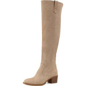 Women's Nude Faux Suede Over The Knee Thigh High Chunky Heel Pointed Toe Boots
